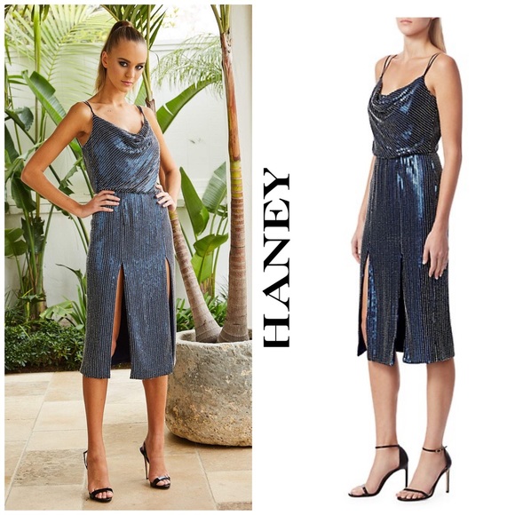 NWT Haney Elise Sequin Embellished Thigh-Slit Midi Cocktail Dress Flapper Gatsby - Picture 8 of 16